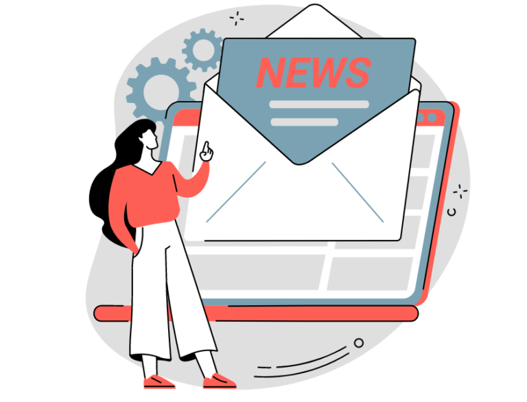 Image of a woman in front of a digital newsletter